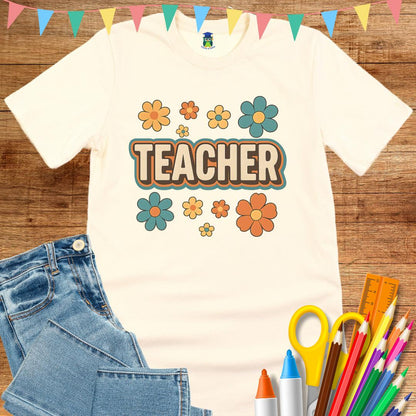 Retro Teacher with Flowers Teacher T-Shirt - teachngear