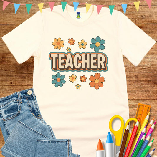 Retro Teacher with Flowers Teacher T-Shirt - teachngear