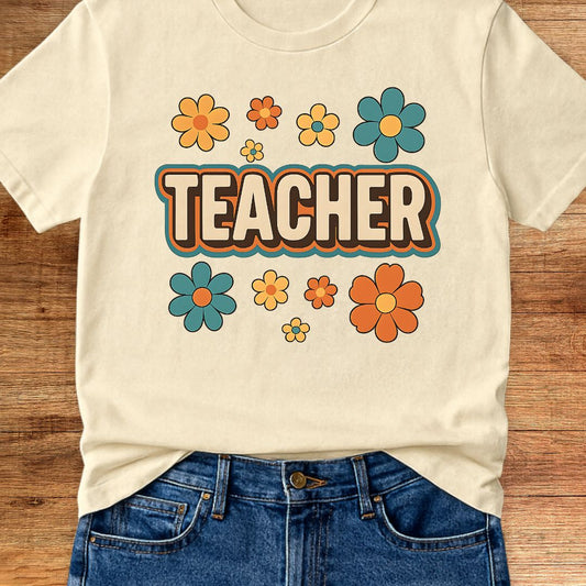Retro Teacher with Flowers Teacher T-Shirt - teachngear