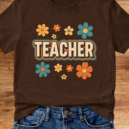 Retro Teacher with Flowers Teacher T-Shirt - teachngear