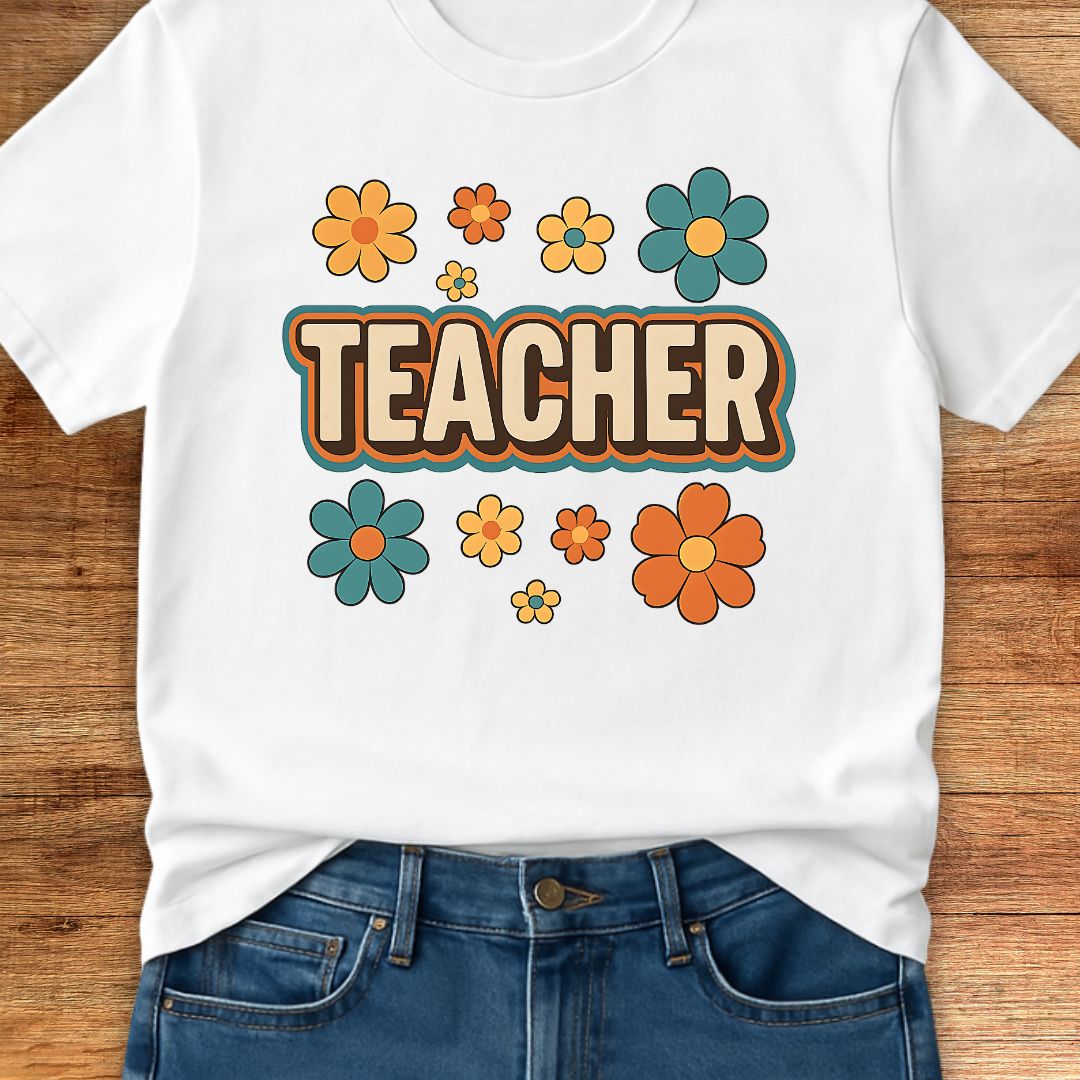 Retro Teacher with Flowers Teacher T-Shirt - teachngear