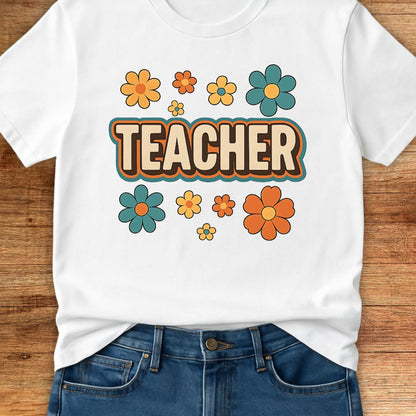 Retro Teacher with Flowers Teacher T-Shirt - teachngear