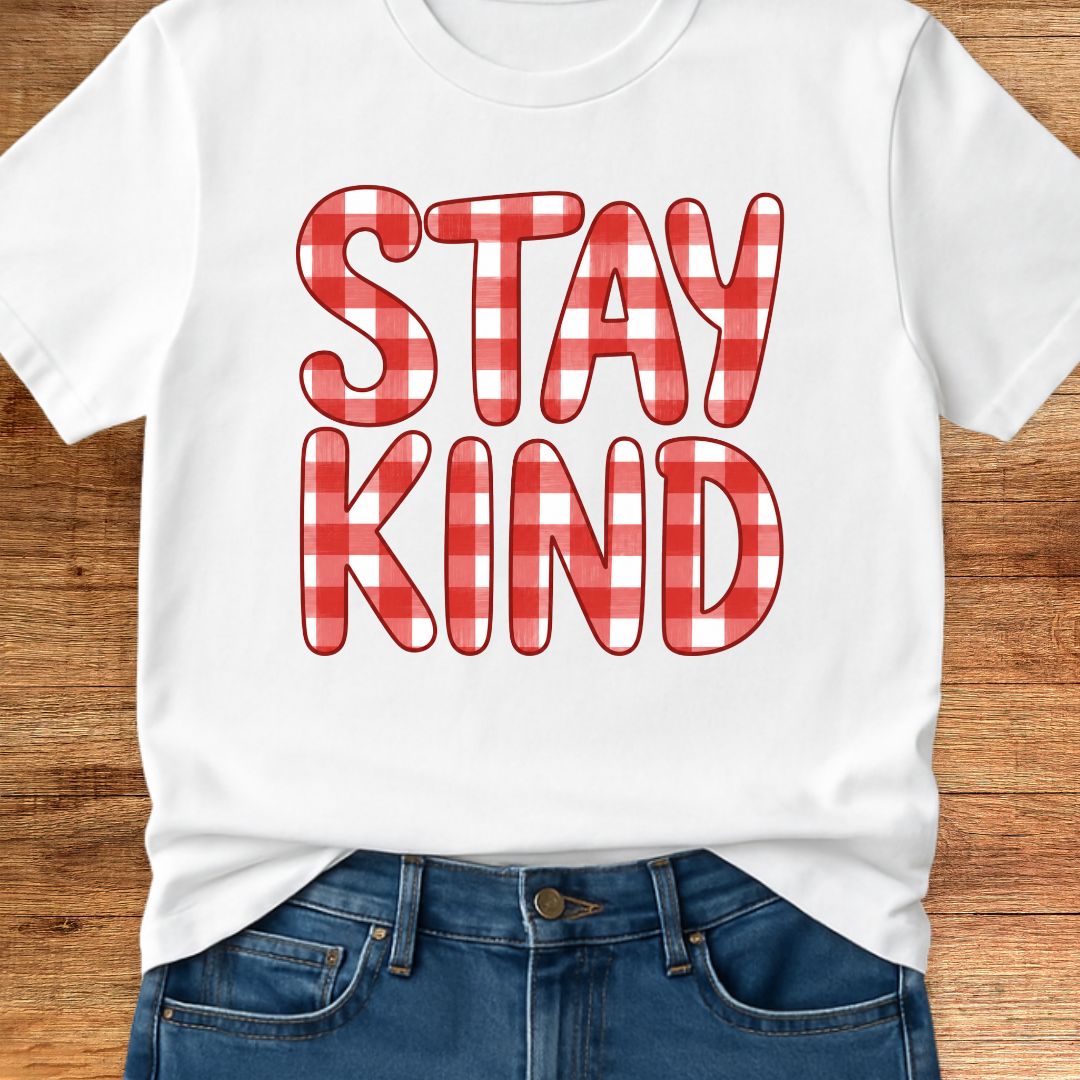 Stay Kind Gingham Teacher T-Shirt - teachngear