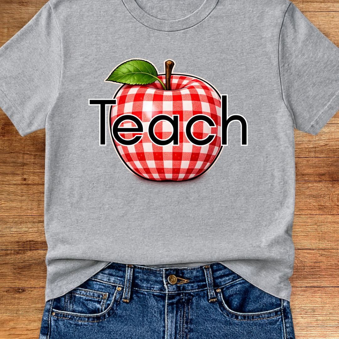 Teach Gingham Apple Teacher T-Shirt - teachngear
