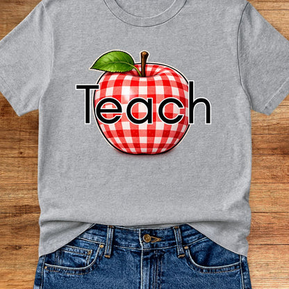 Teach Gingham Apple Teacher T-Shirt - teachngear