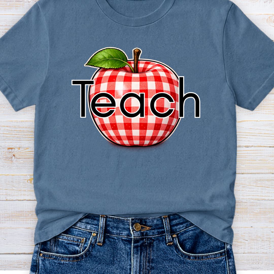 Teach Gingham Apple Teacher T-Shirt - teachngear