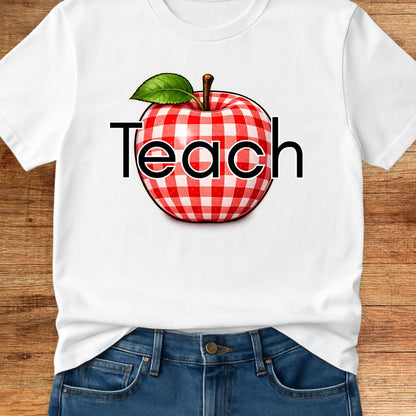 Teach Gingham Apple Teacher T-Shirt - teachngear
