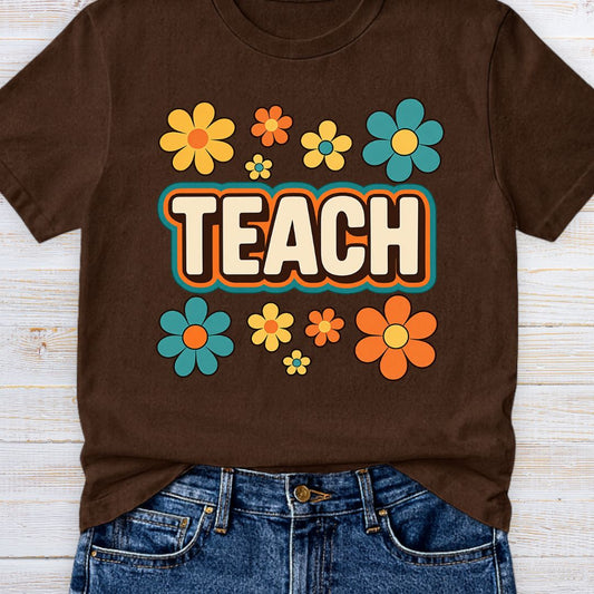 Teach Retro with Flowers Teacher T-Shirt - teachngear