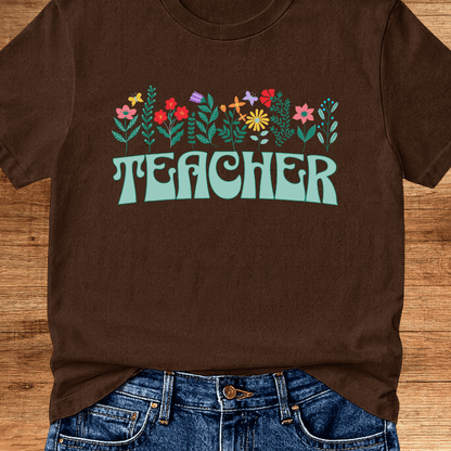 Teacher with Flowers Teacher T-Shirt - teachngear