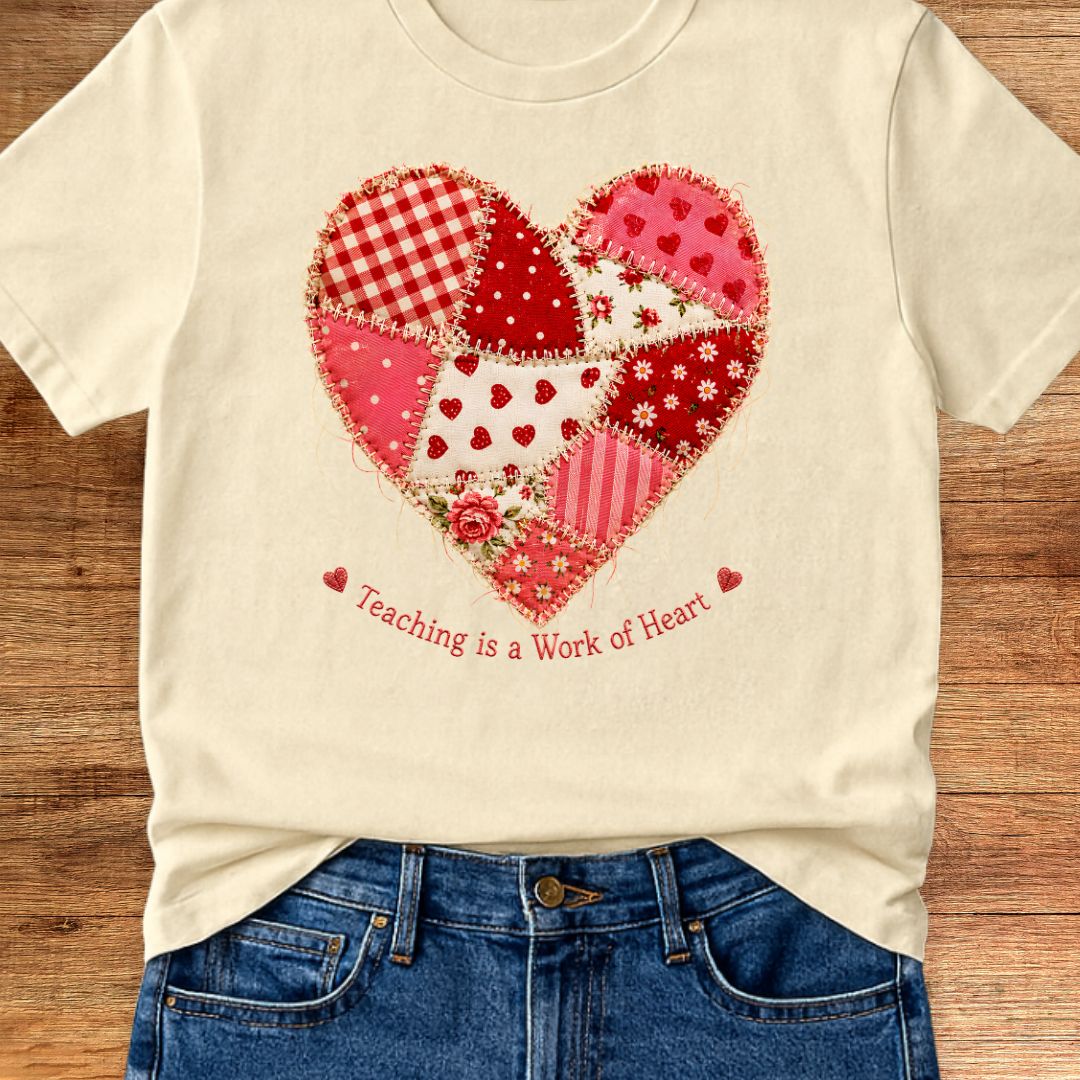 Teaching is a Work of Heart Patchwork Style Teacher T-Shirt - teachngear