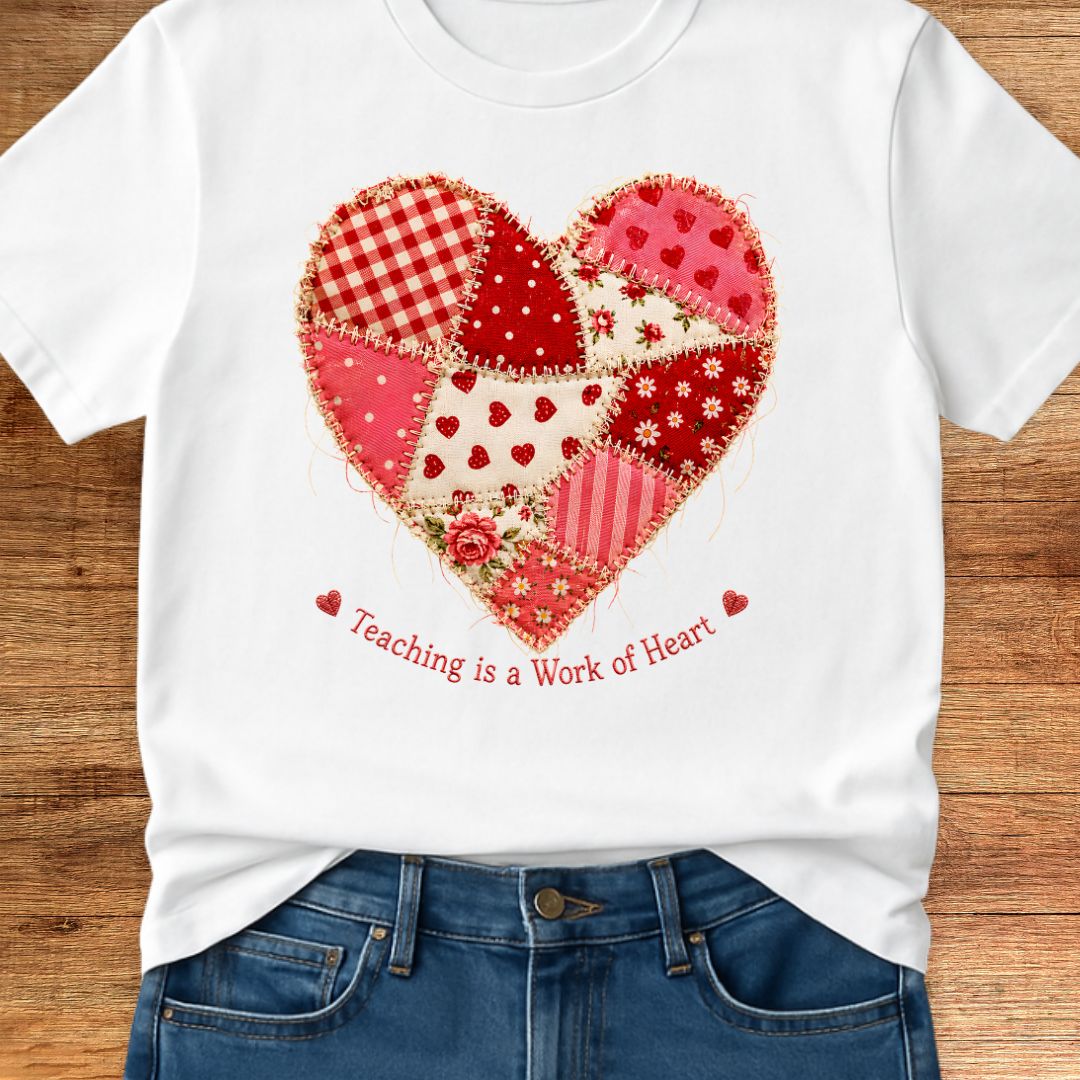 Teaching is a Work of Heart Patchwork Style Teacher T-Shirt - teachngear